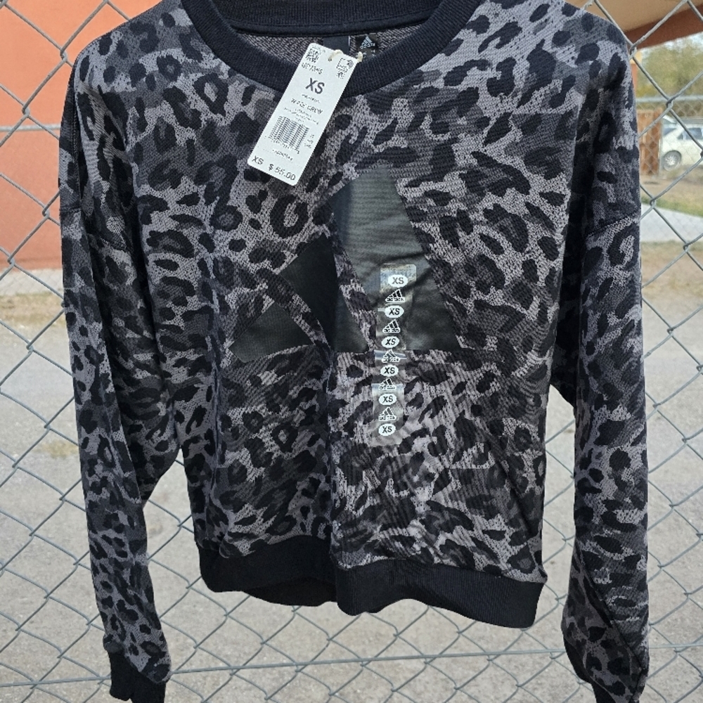 adidas Black and Gray Leopard Print Crew Neck Sweater